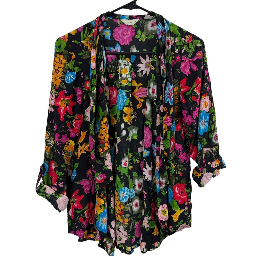 TYLHO Cardigan Womens Medium Black Floral Print Open Front Roll Tab Sleeve